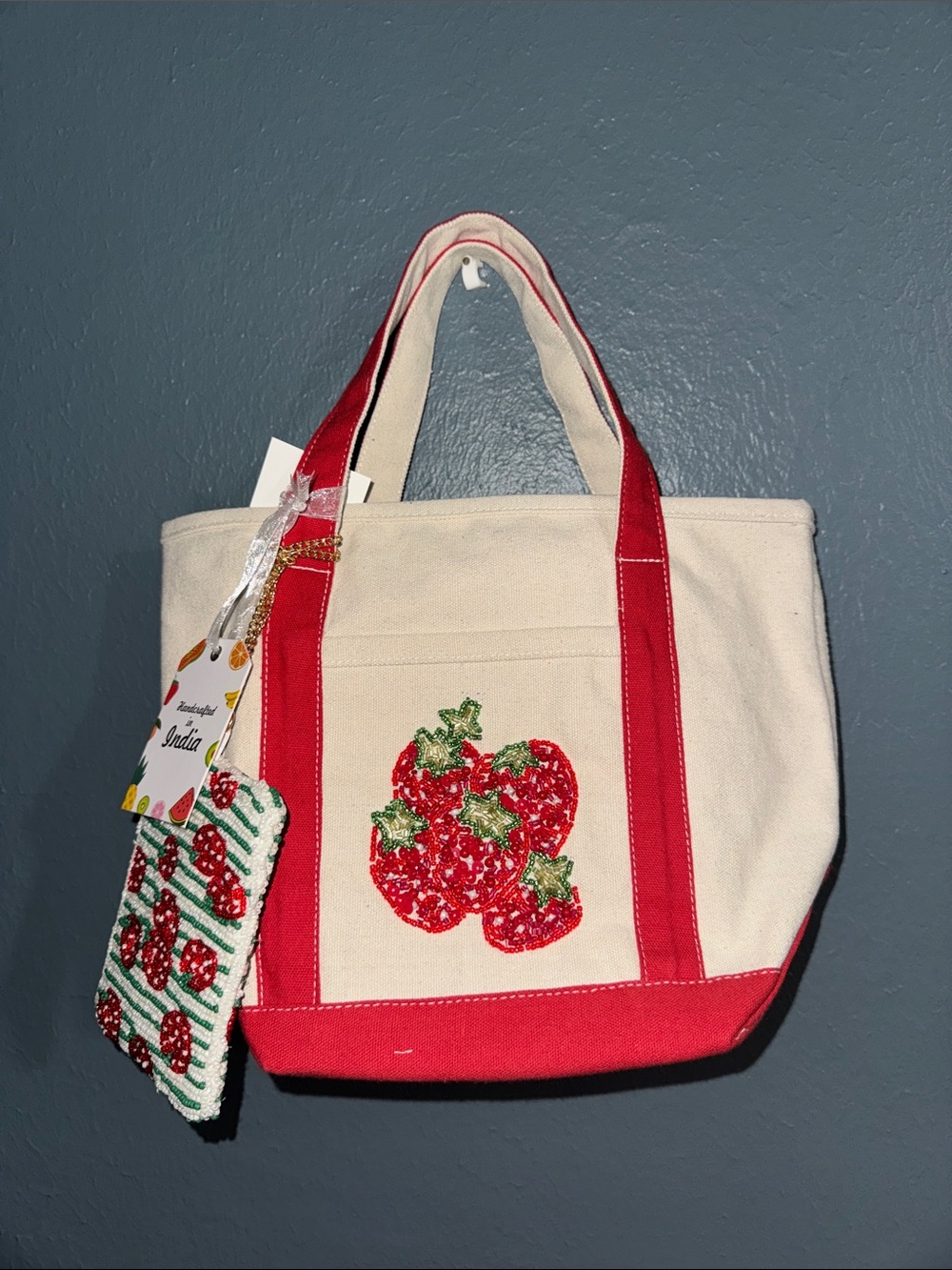 Strawberry Beaded Canvas Tote Bag with Sequin Embellishment